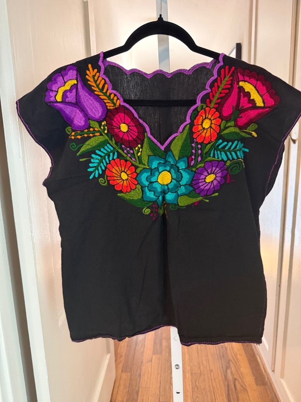 Black Embroidered Floral Mexican Blouse - Vibrant Multi-Color